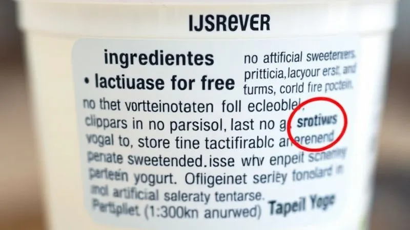 Close-up, photorealistic professional photography of a yogurt label, with specific ingredients like 'lactose-free', 'no artificial sweeteners', and 'protein source' highlighted or circled. Cinematic lighting, sharp focus, 8K hyper-detailed, shot on a high-end DSLR.