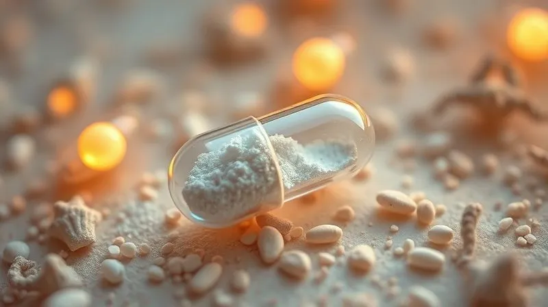 A photorealistic image of a transparent capsule filled with probiotic powder, surrounded by artistic, glowing representations of healthy gut bacteria, against a soft, organic background. Professional photography, 8K, cinematic lighting, sharp focus, depth of field, shot on a high-end DSLR.