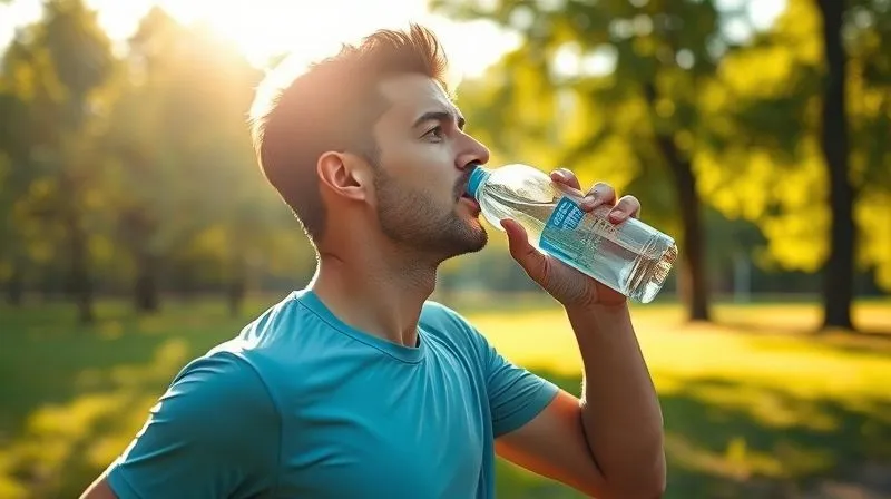 A photorealistic, professional photography image of a person taking a sip from a water bottle after a light morning jog in a park, with soft sunlight and lush greenery in the background. The scene should convey freshness, health, and vitality. 8K hyper-detailed, cinematic lighting, sharp focus, depth of field, shot on a high-end DSLR.