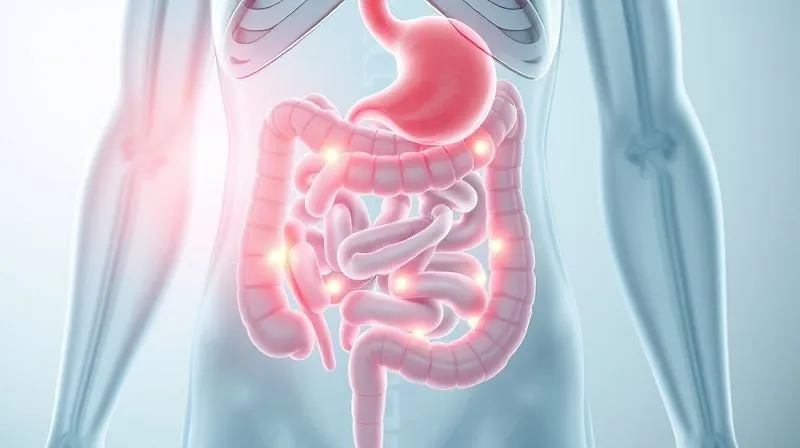 Photorealistic, professional photography, 8K, cinematic lighting, sharp focus, depth of field, shot on a high-end DSLR, a stylized, translucent 3D render of a human digestive system, highlighting the stomach and intestines, with subtle glowing points indicating areas of common digestive discomfort like bloating. The background is clean and clinical, suggesting scientific analysis.