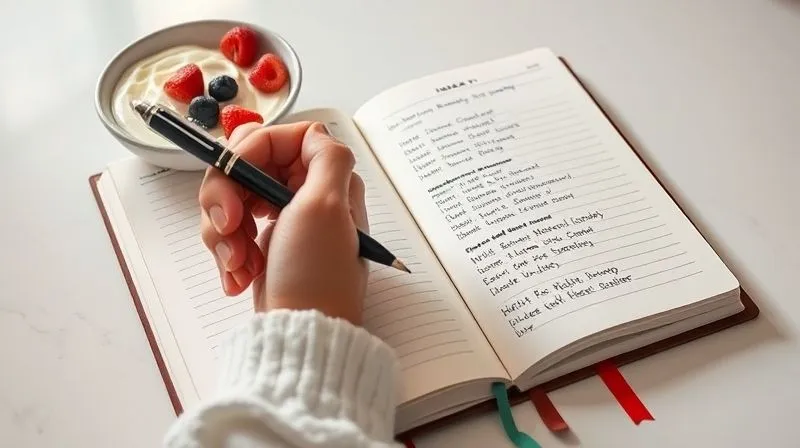 Photorealistic, professional photography, 8K, cinematic lighting, sharp focus, depth of field, shot on a high-end DSLR, a close-up of a hand writing in a neat, open food diary journal, with a pen, next to a bowl of protein yogurt and some fresh berries on a clean kitchen counter. The journal entries are legible, showing dates, meals, and symptom tracking.