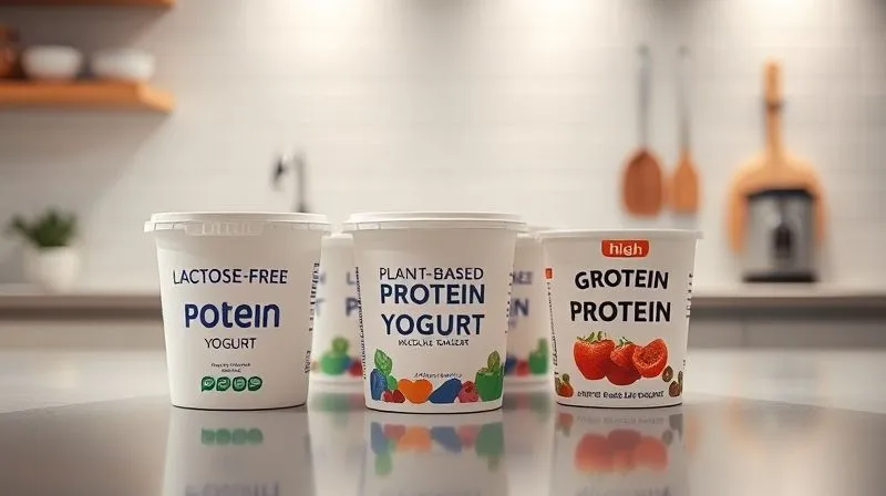 Photorealistic, professional photography, 8K, cinematic lighting, sharp focus, depth of field, shot on a high-end DSLR, a vibrant display of various protein yogurt containers on a minimalist kitchen counter. Include clearly labeled options: 'Lactose-Free Protein Yogurt', 'Plant-Based Protein Yogurt', and 'High-Protein Greek Yogurt'. The lighting is bright and clean, emphasizing the different choices.