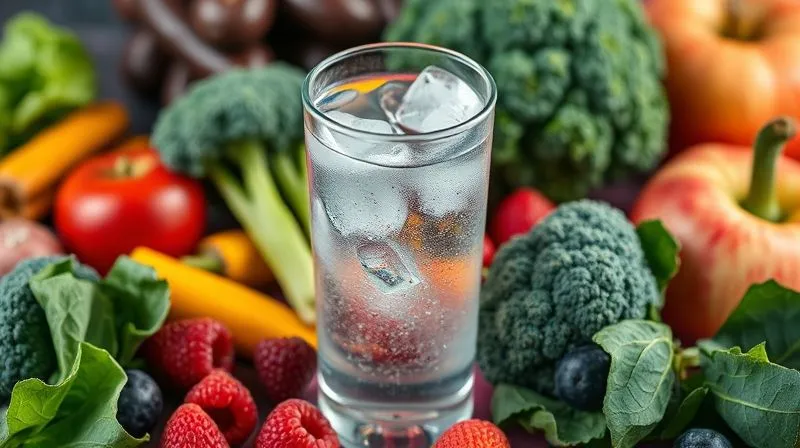 Photorealistic, professional photography, 8K, cinematic lighting, sharp focus, depth of field, shot on a high-end DSLR, a refreshing glass of water with condensation, surrounded by a colorful assortment of fresh, raw vegetables and fruits known for their fiber content (e.g., broccoli, spinach, berries, apples). The composition is vibrant and emphasizes health and hydration.