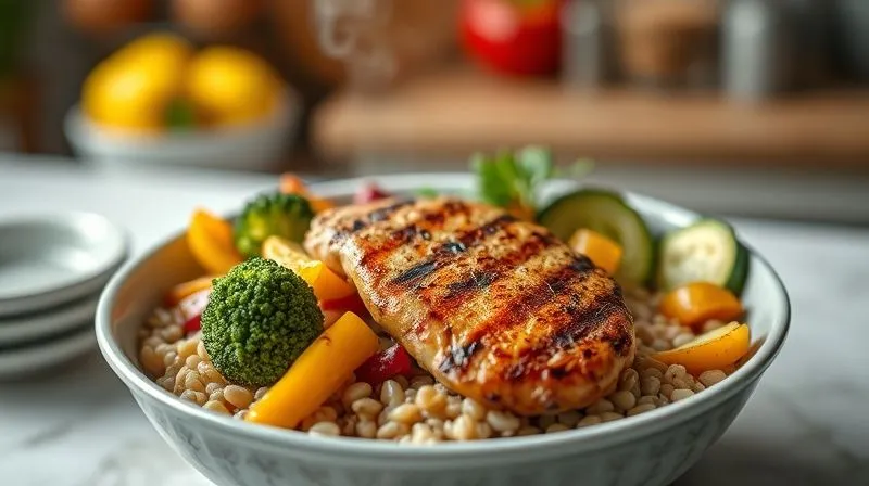 photorealistic, professional photography, 8K, cinematic lighting, sharp focus, depth of field, shot on a high-end DSLR. A beautifully arranged, healthy meal featuring a bowl of perfectly cooked barley with vibrant roasted vegetables (broccoli, bell peppers, zucchini) and grilled chicken breast. Steam gently rises, indicating freshness. The focus is on the textures and colors, suggesting satiety and nutritional balance. The background is a soft-focus, bright kitchen setting.