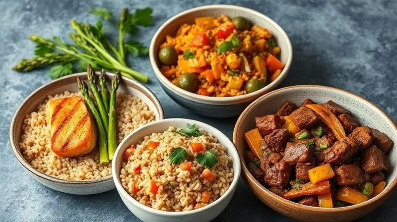 photorealistic, professional photography, 8K, cinematic lighting, sharp focus, depth of field, shot on a high-end DSLR. A vibrant, diverse array of healthy, low-calorie fitness meals, each featuring barley but prepared in a different style. One bowl has barley with grilled salmon and asparagus, another with a colorful vegetable curry and barley, and a third with a lean beef stir-fry and barley. The image emphasizes variety, freshness, and nutritional balance, with dynamic, appetizing compositions.