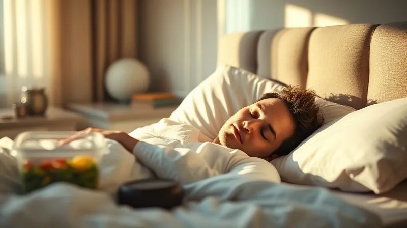 photorealistic, professional photography, 8K, cinematic lighting, sharp focus, depth of field, shot on a high-end DSLR. A serene image of a person sleeping peacefully in a comfortable bed, bathed in soft, warm morning light. In the blurred background, subtle elements like a healthy meal prep container on a counter and small weights are visible, symbolizing the connection between good sleep and overall wellness efforts. The atmosphere is calm and restorative.