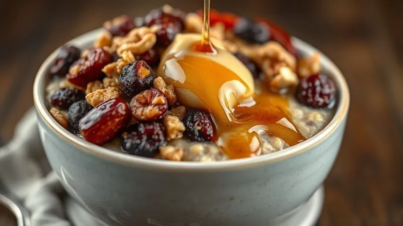 A photorealistic image of a bowl of millet porridge overflowing with an excessive amount of dried fruits (dates, raisins), a generous dollop of nut butter, and a thick drizzle of maple syrup. The scene is slightly desaturated, emphasizing the caloric density rather than freshness. Professional photography, 8K, cinematic lighting, sharp focus on the toppings, depth of field blurring the background, shot on a high-end DSLR.