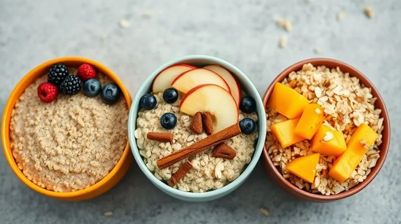 A vibrant, professional photography shot showcasing three distinct and colorful breakfast bowls side-by-side. One bowl contains millet porridge with berries, another features oatmeal with sliced apples and cinnamon, and the third holds a quinoa breakfast bowl with mango and coconut flakes. Each bowl is beautifully styled, emphasizing freshness and variety. Professional photography, 8K, cinematic lighting, sharp focus on all bowls, depth of field blurring the background, shot on a high-end DSLR.