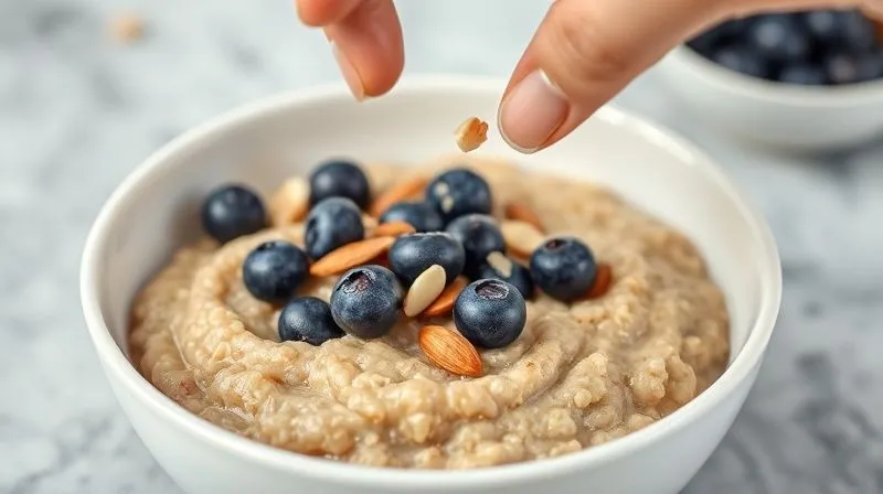 A close-up, photorealistic image of a hand gently sprinkling fresh, vibrant blueberries and a few slivered almonds over a perfectly cooked, fluffy bowl of millet porridge. The focus is on the healthy additions, with a clean, minimalist background. Professional photography, 8K, cinematic lighting, sharp focus on the hand and bowl, depth of field blurring the background, shot on a high-end DSLR.