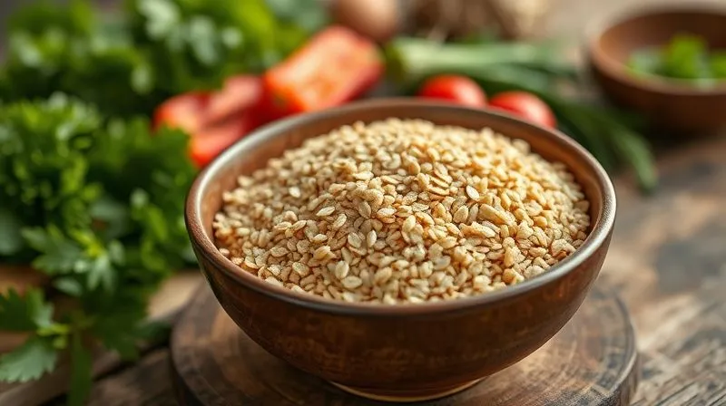 A photorealistic bowl of perfectly cooked, fluffy spelt groats, steaming gently, placed on a rustic wooden table. The focus is sharp on the texture of the grains, with a blurred background of fresh, vibrant vegetables and herbs, suggesting a healthy meal. Cinematic lighting, 8K hyper-detailed, shot on a high-end DSLR, emphasizing warmth and wholesome nutrition.