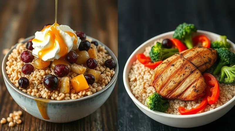 A stark contrast photorealistic image. On the left, a bowl of spelt groats overflowing with sugary dried fruits, whipped cream, and a drizzle of syrup, looking overly indulgent. On the right, a perfectly portioned bowl of spelt groats mixed with vibrant, fresh, steamed vegetables (broccoli, bell peppers, spinach) and grilled chicken breast, looking light and nutritious. Cinematic lighting, sharp focus on both bowls, depth of field, 8K hyper-detailed, shot on a high-end DSLR, illustrating healthy vs. unhealthy additions.