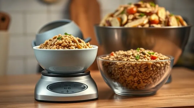 A photorealistic image of a kitchen scale with a bowl of cooked buckwheat and mixed seeds, precisely measured to a healthy portion size. Next to it, a larger, overflowing bowl of the same dish, symbolizing excessive consumption. Cinematic lighting, sharp focus on the measured portion, depth of field blurring the background. 8K hyper-detailed, shot on a high-end DSLR, emphasizing the contrast between conscious and unconscious eating.