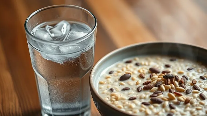 A photorealistic image of a clear glass of fresh water placed next to a steaming bowl of buckwheat porridge with various seeds. The water glass is condensation-covered, suggesting coolness and hydration, while the bowl looks hearty and nutritious. Cinematic lighting, sharp focus on both elements, depth of field blurring the background. 8K hyper-detailed, shot on a high-end DSLR, emphasizing the synergy between hydration and a healthy meal.