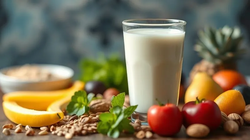 A photorealistic, professional photography, 8K, cinematic lighting, sharp focus, depth of field, shot on a high-end DSLR, showing a single glass of kefir isolated in a spotlight, surrounded by blurred, out-of-focus healthy ingredients like colorful fruits, fresh vegetables, whole grains, and nuts, emphasizing isolation versus a holistic and diverse diet. The background ingredients should be vibrant but indistinct.