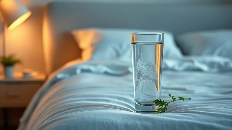 A photorealistic, professional photography, 8K, cinematic lighting, sharp focus, depth of field, shot on a high-end DSLR, showing a balanced composition of a clear glass of water, a comfortable, neatly made bed with soft, warm lighting, and a small, vibrant green plant on a bedside table, symbolizing the integration of hydration, restful sleep, and healthy living for weight management.