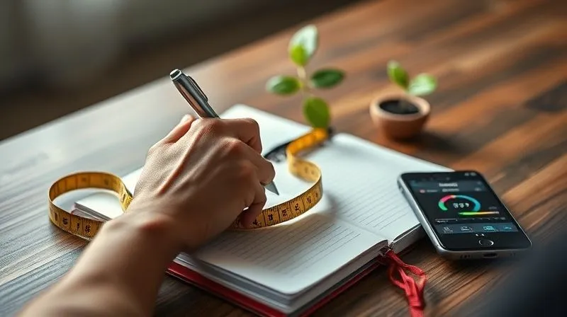 A photorealistic, professional photography, 8K, cinematic lighting, sharp focus, depth of field, shot on a high-end DSLR, depicting a person's hand making notes in a stylish fitness journal, with a flexible tape measure coiled beside it, a smartphone displaying a progress tracking app, and a small, thriving plant in the blurred background, symbolizing consistent tracking, growth, and adaptability in a wellness journey.