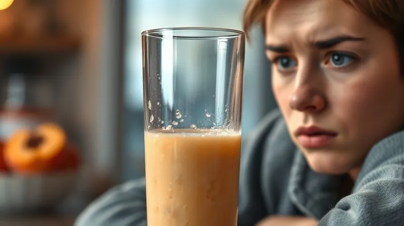 Photorealistic image of a glass of peach smoothie looking thin and watery, next to a sad person looking at it with a questioning expression. Cinematic lighting, sharp focus, depth of field, 8K, shot on a high-end DSLR.