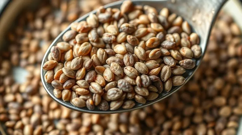 Photorealistic close-up of a spoonful of chia seeds and flax seeds, glistening with a hint of moisture, ready to be added to a smoothie. Cinematic lighting, sharp focus, depth of field, 8K, shot on a high-end DSLR.