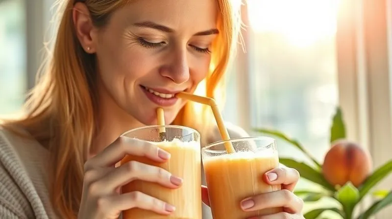 Photorealistic image of a content woman slowly sipping a thick, creamy peach smoothie from a glass with a reusable straw, looking satisfied and energized. Sunlight streams through a window. Cinematic lighting, sharp focus, depth of field, 8K, shot on a high-end DSLR.