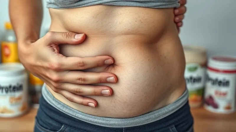 A photorealistic close-up of a person's slightly distended abdomen, hands gently pressing, with a blurred background of various protein powder containers and artificial sweeteners. The lighting is soft but highlights the discomfort. professional photography, 8K, cinematic lighting, sharp focus, depth of field, shot on a high-end DSLR