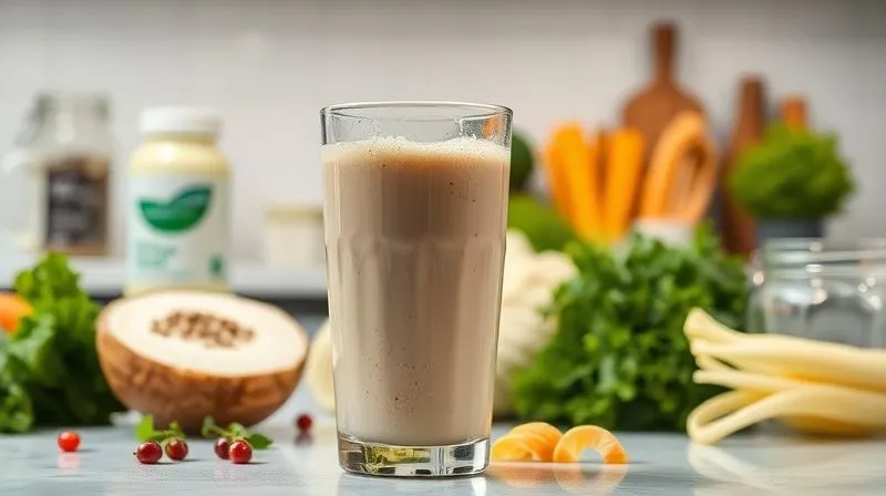 A photorealistic image of a glass of protein shake being slowly sipped, with a background of a probiotic supplement bottle and various fermented foods like kefir and sauerkraut, all in a clean, modern kitchen setting. professional photography, 8K, cinematic lighting, sharp focus, depth of field, shot on a high-end DSLR