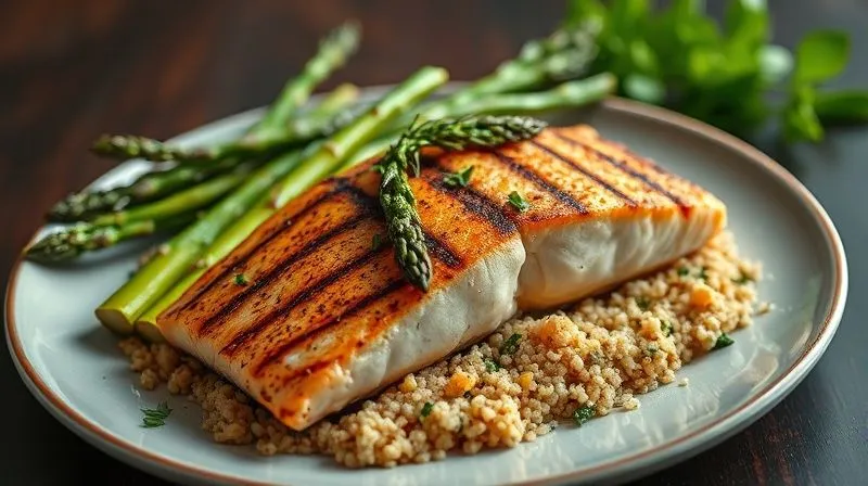 A photorealistic vibrant and colorful plate of a healthy, protein-rich meal: grilled salmon with roasted asparagus and quinoa, beautifully plated with cinematic lighting and sharp focus. professional photography, 8K, depth of field, shot on a high-end DSLR