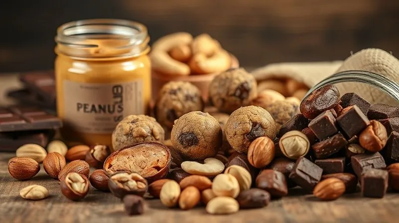A photorealistic close-up of various high-calorie ingredients for protein balls, such as a jar of peanut butter, dates, dark chocolate chunks, and mixed nuts, arranged on a rustic wooden table under warm, cinematic lighting. Sharp focus on the ingredients, emphasizing their rich textures, with a soft depth of field. 8K hyper-detailed, shot on a high-end DSLR, professional photography.