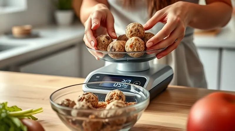 A photorealistic image of a woman's hands meticulously weighing ingredients for protein balls on a digital kitchen scale, with a bowl of mixed ingredients in the foreground. The setting is a bright, modern kitchen, emphasizing precision and control. Cinematic lighting, sharp focus on the scale and hands, depth of field blurring the background. 8K hyper-detailed, shot on a high-end DSLR, professional photography.