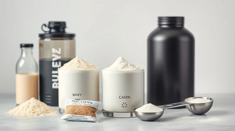 A photorealistic studio shot of a variety of protein powders (whey isolate, casein, pea protein) in elegant, minimalist containers, arranged alongside a shaker bottle and a measuring scoop. The composition should be clean and professional, with soft, diffused cinematic lighting highlighting the textures. Sharp focus on the protein containers, depth of field blurring a subtle background. 8K hyper-detailed, shot on a high-end DSLR, professional photography.