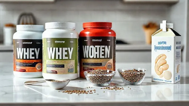 Photorealistic, professional photography, 8K, cinematic lighting, sharp focus, depth of field, shot on a high-end DSLR. A variety of protein powder containers (whey concentrate, isolate, casein), a measuring spoon, a small bowl of chia seeds, and a carton of almond milk laid out on a clean kitchen counter, suggesting the essential ingredients for making protein mousse. The composition is clean and organized, emphasizing control over ingredients.
