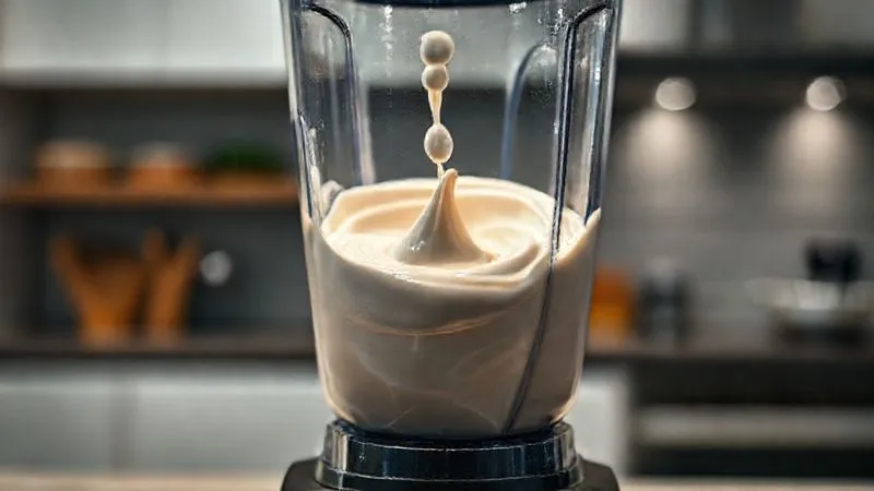Photorealistic, professional photography, 8K, cinematic lighting, sharp focus, depth of field, shot on a high-end DSLR. A high-speed blender in action, creating a vortex of creamy protein mousse. The focus is on the smooth, swirling texture inside the blender, with droplets of mousse splashing gently. The background is a clean, modern kitchen. The image conveys dynamic mixing and the promise of a smooth outcome.