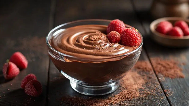 Photorealistic, professional photography, 8K, cinematic lighting, sharp focus, depth of field, shot on a high-end DSLR. A beautifully presented serving of a rich, chocolate protein mousse in an elegant glass bowl, garnished with fresh raspberries and a dusting of cocoa powder. The mousse clearly shows a thick, smooth, and luxurious texture, inviting to eat. The scene is set on a dark, rustic wooden table with soft, warm lighting.