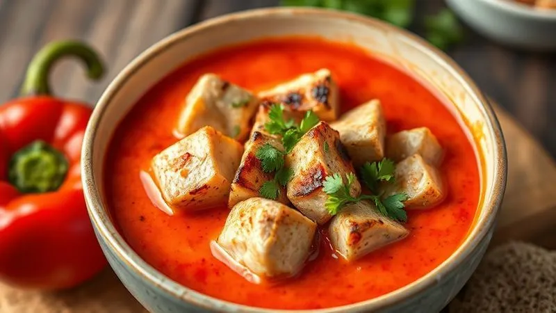 Photorealistic, professional photography, 8K, cinematic lighting, sharp focus, depth of field, shot on a high-end DSLR. A vibrant red pepper cream soup in a modern ceramic bowl, topped with perfectly grilled chicken breast cubes and a sprinkle of fresh cilantro. The composition emphasizes protein-rich additions, looking delicious and satisfying.