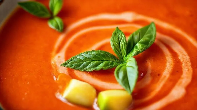 Photorealistic, professional photography, 8K, cinematic lighting, sharp focus, depth of field, shot on a high-end DSLR. A close-up of a vibrant red pepper cream soup, beautifully garnished with a swirl of extra virgin olive oil, fresh basil leaves, and a few perfectly ripe avocado cubes. The focus is on the rich, healthy fats adding texture and appeal.