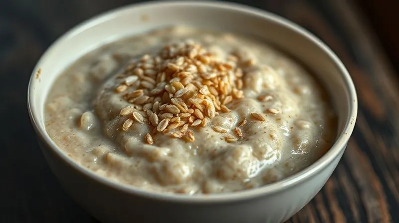 Photorealistic, professional photography of a single, dry, unappetizing bowl of millet porridge, with some grains looking hard and separated. The scene is dimly lit, evoking a sense of disappointment and lack of flavor. 8K hyper-detailed, sharp focus on the dry texture, shallow depth of field, shot on a high-end DSLR.