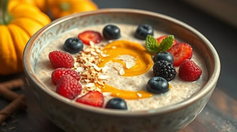 Photorealistic, professional photography of a vibrant, colorful bowl of creamy millet porridge, artfully garnished with various low-fat flavor enhancers: fresh berries, toasted coconut flakes (optional, for visual texture), a sprinkle of cinnamon, and a swirl of pumpkin puree. The scene is brightly lit, showcasing the deliciousness and healthiness. 8K hyper-detailed, sharp focus, depth of field, shot on a high-end DSLR.