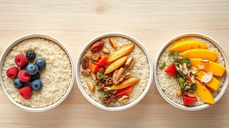 Photorealistic, professional photography of three distinct bowls of creamy millet porridge, each with a unique, colorful, and healthy topping. One bowl is sweet with berries and nuts, another savory with roasted vegetables and herbs, and the third is tropical with mango and coconut. The bowls are arranged artfully on a light wooden surface, conveying creativity and diverse flavors. 8K hyper-detailed, sharp focus, depth of field, shot on a high-end DSLR.