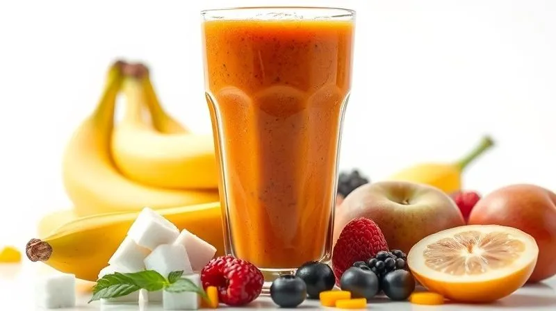 A photorealistic image of a vibrant, colorful fruit smoothie in a tall glass, surrounded by various fresh fruits like bananas, mangoes, and berries. Next to the glass, there's a small, elegant pile of white sugar cubes, subtly highlighting the hidden sugar content. The lighting is bright and natural, creating a clean, professional look. Sharp focus on the smoothie, with a gentle depth of field blurring the background. 8K hyper-detailed, shot on a high-end DSLR.
