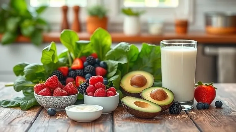A photorealistic, professional photography shot of a perfectly arranged array of healthy smoothie ingredients on a rustic wooden table. The ingredients include fresh spinach, a handful of mixed berries, half an avocado, a small container of Greek yogurt, a scoop of protein powder, and a glass of unsweetened almond milk. The composition is clean and inviting, with cinematic lighting highlighting the textures and colors. Sharp focus on the ingredients, with a soft depth of field blurring the background of a sunlit kitchen. 8K hyper-detailed, shot on a high-end DSLR.