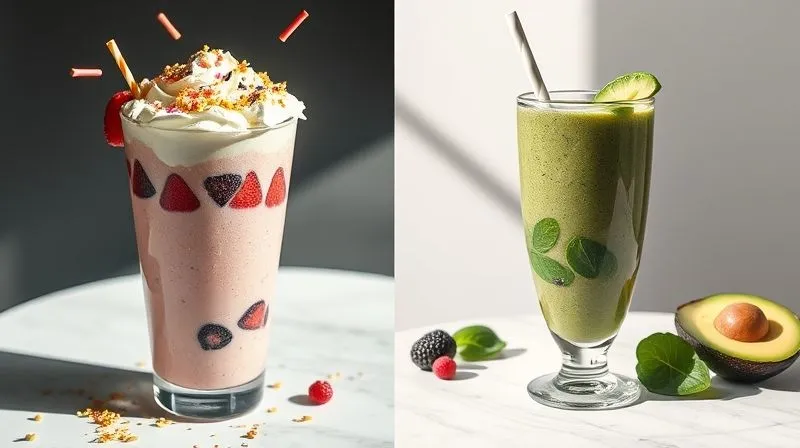 A photorealistic split image (diptych). On the left side: a chaotic, overly sweet, and high-calorie smoothie in a large, overflowing glass, with excessive fruit, whipped cream, and sprinkles, casting a dark, unhealthy shadow. On the right side: a perfectly balanced, vibrant green and berry smoothie in a clean, elegant glass, surrounded by fresh, whole ingredients like spinach, avocado, and a few berries, bathed in bright, natural light, symbolizing health and control. Cinematic lighting, sharp focus, depth of field, 8K hyper-detailed, shot on a high-end DSLR.