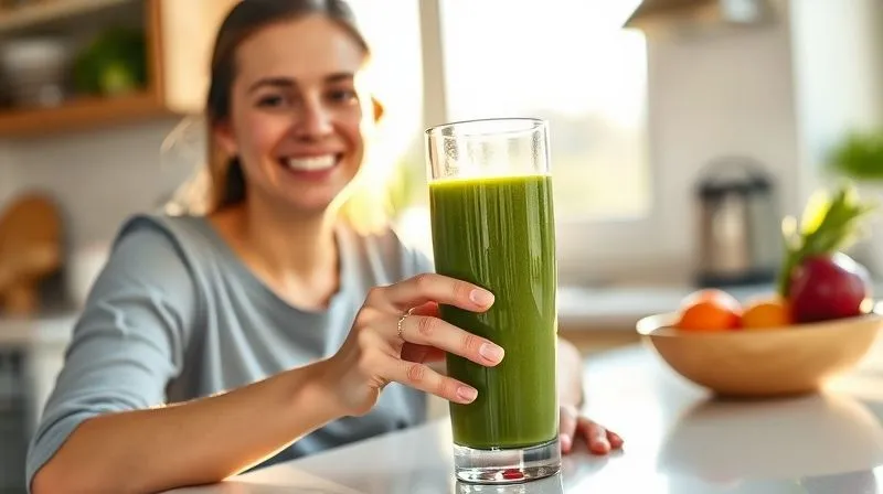 A photorealistic, professional photography shot of a person with a radiant smile, sitting at a sunlit kitchen counter, gently holding a tall, clear glass of a perfectly blended, vibrant green smoothie. The background shows a clean, modern kitchen with fresh fruits and vegetables in a bowl, suggesting a healthy lifestyle. The lighting is warm and inviting, creating a sense of peace and satisfaction. Sharp focus on the person and the smoothie, with a soft depth of field blurring the background. 8K hyper-detailed, shot on a high-end DSLR.