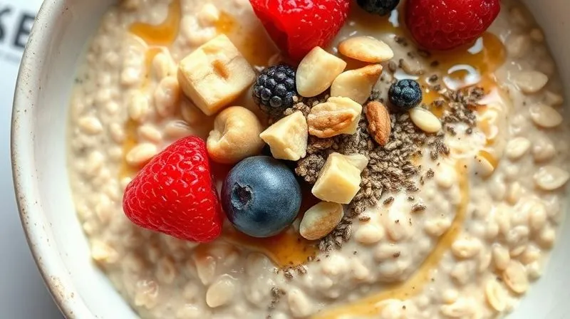 A close-up, top-down photorealistic shot of a beautifully prepared protein oatmeal bowl. The oatmeal base is creamy, topped with a variety of textures: fresh berries, crunchy nuts, a sprinkle of chia seeds, and a drizzle of sugar-free syrup. The lighting is bright and natural, highlighting the distinct textures and vibrant colors. Sharp focus on the toppings, depth of field on the bowl, 8K, professional photography, shot on a high-end DSLR.