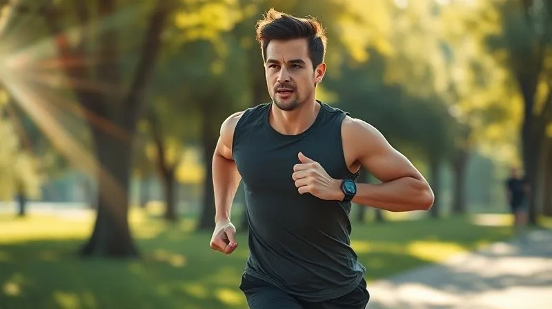 A dynamic, photorealistic image of a person mid-action during a morning workout, possibly jogging in a park or performing a bodyweight exercise, with a vibrant, energetic atmosphere. Sunlight streams through trees, creating lens flares. The focus is on the person's determined expression and movement, conveying dedication and health. Cinematic lighting, sharp focus, depth of field, 8K, professional photography, shot on a high-end DSLR.
