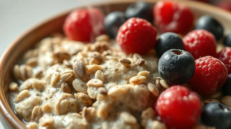 photorealistic, professional photography, 8K, cinematic lighting, sharp focus, depth of field, shot on a high-end DSLR. A close-up of a bowl of protein oatmeal, visibly rich with various sources of fiber: chia seeds, flax seeds, a sprinkle of psyllium husk, and fresh berries. The texture is thick and inviting, emphasizing a feeling of wholesome density and nutrition. Subtle steam rises, indicating warmth and freshness. The background is softly blurred, focusing entirely on the satisfying texture of the oatmeal.
