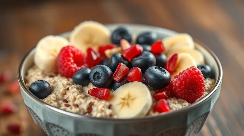 photorealistic, professional photography, 8K, cinematic lighting, sharp focus, depth of field, shot on a high-end DSLR. A vibrant, colorful bowl of protein oatmeal. It's generously topped with a medley of fresh and frozen berries (blueberries, raspberries), sliced banana, a sprinkle of pomegranate seeds, and perhaps a hidden layer of grated zucchini or pumpkin puree blended into the oats, creating a visually appealing and voluminous meal. The lighting highlights the freshness and natural textures of the ingredients, conveying a sense of health and abundance.