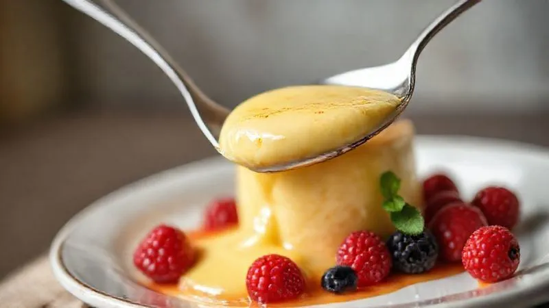 Photorealistic image of a perfectly set, translucent panna cotta light, gently jiggling as a spoon approaches, garnished with fresh berries and a mint sprig, sharp focus, depth of field, natural light, 8K.