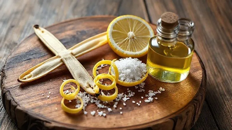 Photorealistic image of high-quality natural ingredients: a split vanilla bean, fresh lemon zest curls, a sprinkle of sea salt flakes, and a small bottle of pure vanilla extract, arranged on a rustic wooden board, cinematic lighting, sharp focus, 8K.