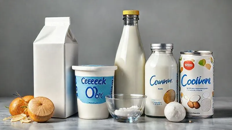 Photorealistic arrangement of various 'light' dairy and plant-based alternatives: a carton of skim milk, a container of Greek yogurt 0%, a bottle of almond milk, and a can of light coconut milk, with a measuring cup, cinematic lighting, sharp focus, 8K.