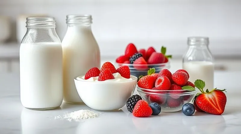 Photorealistic image of various light panna cotta ingredients laid out on a clean, light kitchen counter: skim milk, Greek yogurt, a small bowl of gelatin powder, fresh berries, and a natural sweetener. Cinematic lighting, sharp focus on the ingredients, depth of field blurring the background, 8K hyper-detailed.