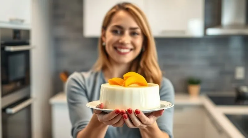 Photorealistic image of a proud woman (Ania) holding a beautifully set panna cotta light with a mango topping, smiling brightly in a modern kitchen. The panna cotta is perfectly unmolded, showcasing its smooth texture. Cinematic lighting, sharp focus on the dessert and woman, depth of field blurring the background, 8K hyper-detailed.